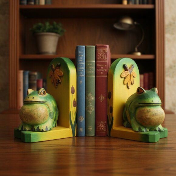 Vintage Frog Bookends, Rustic Hand Painted Wood Frog Decor with Dragonfly Accent - Picture 1 of 8